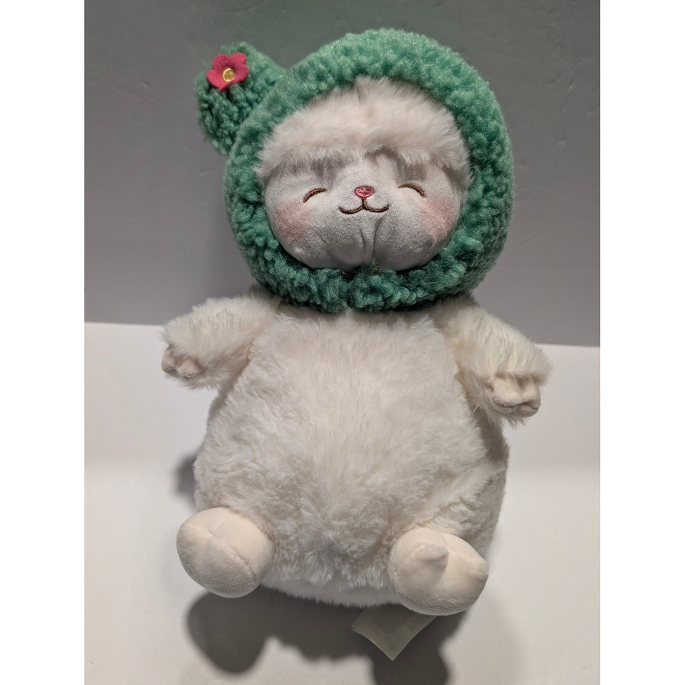 Miniso 10in White Lamb Plush with Green Cactus Hood Pink Flower Soft Toy Kawaii